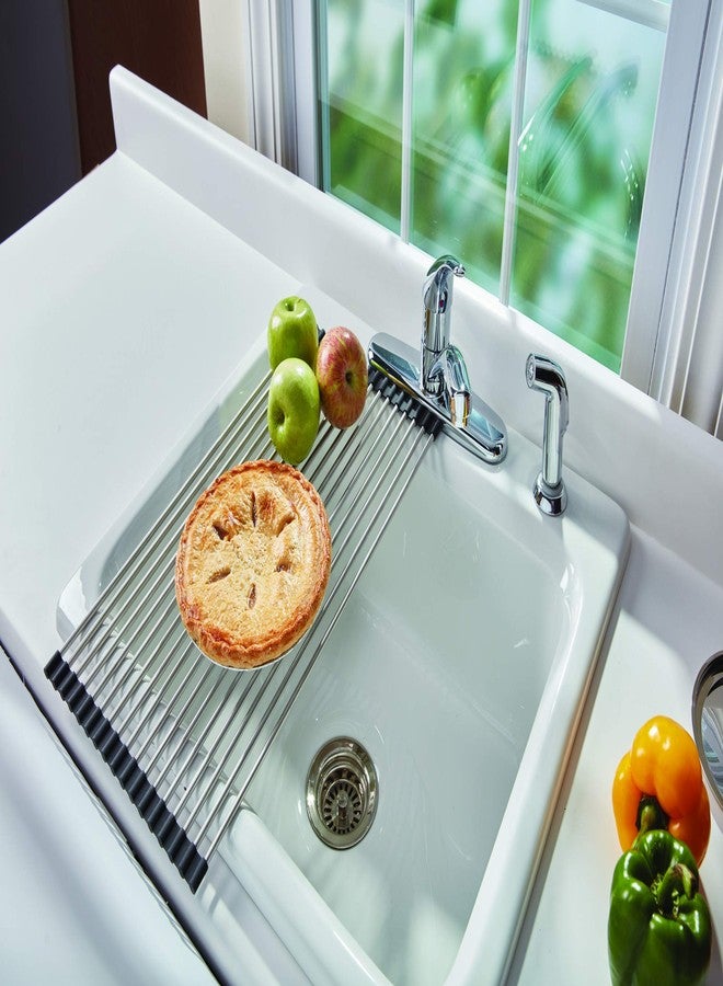 Farberware Space Saving Roll Up Over The Sink Dish Drying Mat with Rust Resistant Stainless Steel Wires with Non Slip BPA Free Food Safe Caps, Large, Silver/Black - Image 2