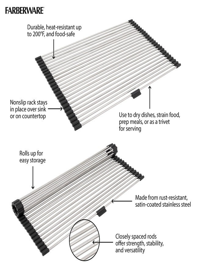 Farberware Space Saving Roll Up Over The Sink Dish Drying Mat with Rust Resistant Stainless Steel Wires with Non Slip BPA Free Food Safe Caps, Large, Silver/Black - Image 5