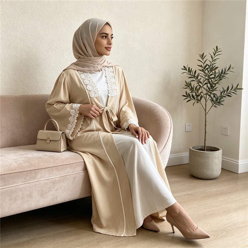 monica fashion FashionLong Sleeve Elegant Lace Trim Cardigan Long With pocket Kaftan - Image 1