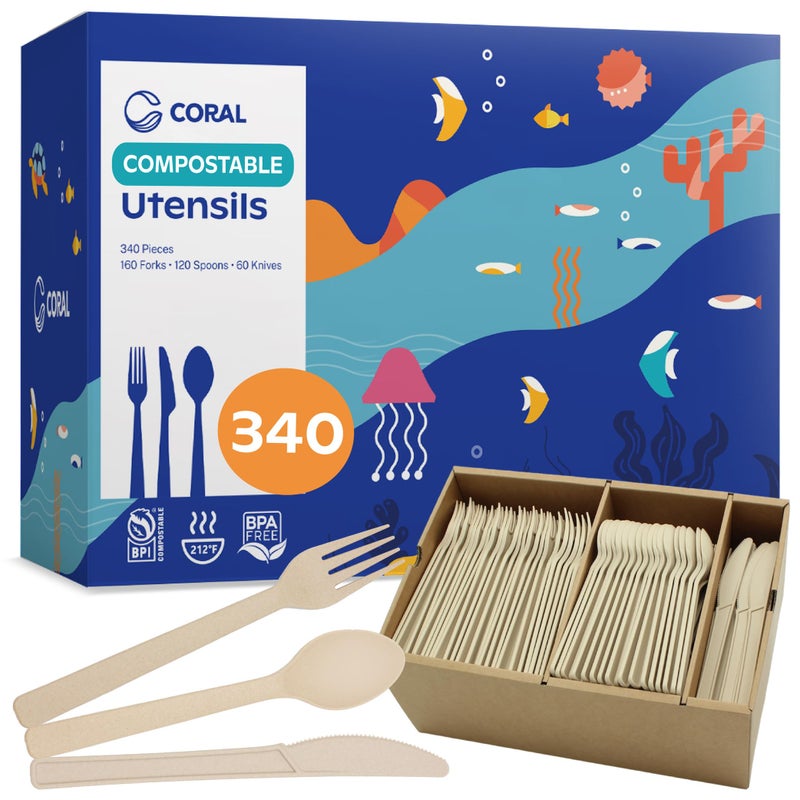 CORAL Light Brown 100% Compostable Cutlery Set 340 Pieces - Heavy Duty 160 Forks  120 Spoons  60 Knives - Break-Resistant with Smooth Edges  Ocean Friendly Alternative to Plastic Utensils - Disposable - Image 1