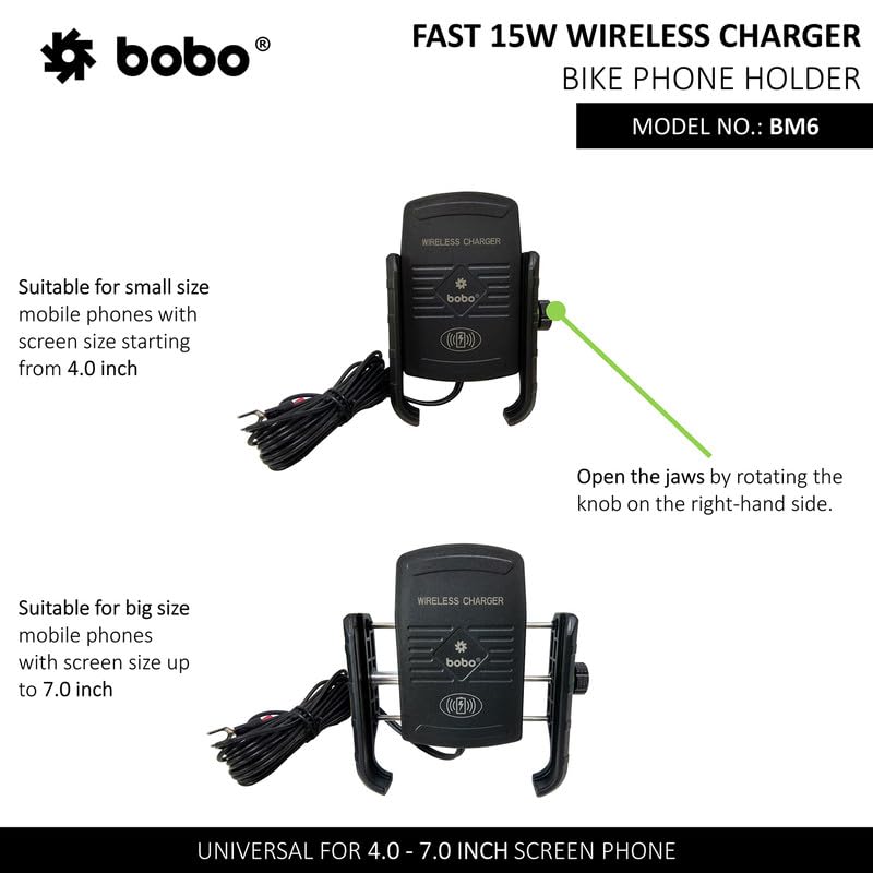 BOBO BM6 Jaw-Grip Waterproof Bike/Motorcycle/Scooter Mobile Phone Holder Mount with Fast 15W Wireless Charger, Ideal for Maps and GPS Navigation (Black) - Image 3