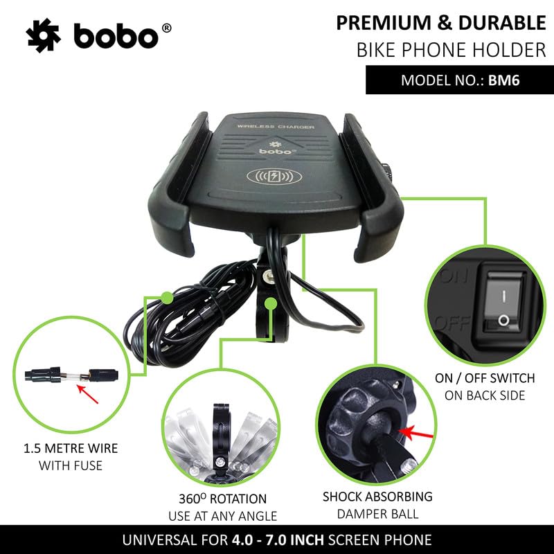 BOBO BM6 Jaw-Grip Waterproof Bike/Motorcycle/Scooter Mobile Phone Holder Mount with Fast 15W Wireless Charger, Ideal for Maps and GPS Navigation (Black) - Image 2