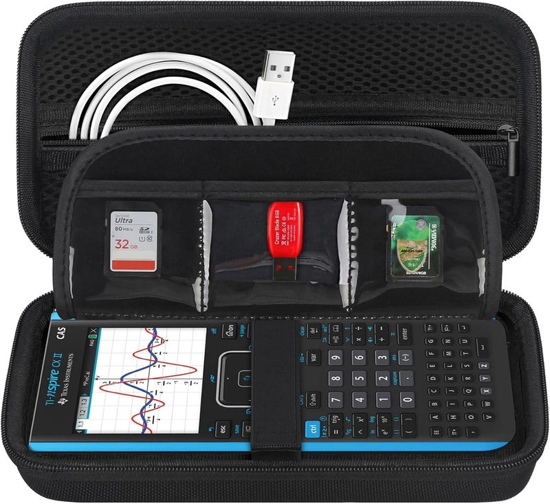 حاسبة حافظة من BOVKE لحاسبة Texas Instruments TI-Nspire CX II CAS / CX II / CX CAS / CX الملونة للرسم البياني وأكثر - جيب شبكي إضافي لكابلات USB والملحقات الأخرى، أسود + أسود - Image 1