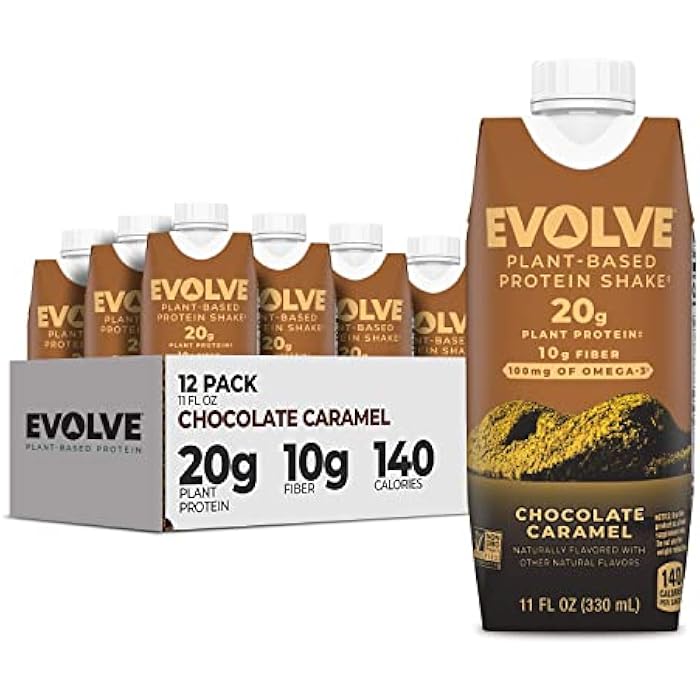 Evolve Plant Based Protein Shake, Chocolate Caramel, 20g Vegan Protein, Dairy Free, No Artificial Sweeteners, Non-GMO, 10g Fiber, 11oz, (12 Pack) - Image 1