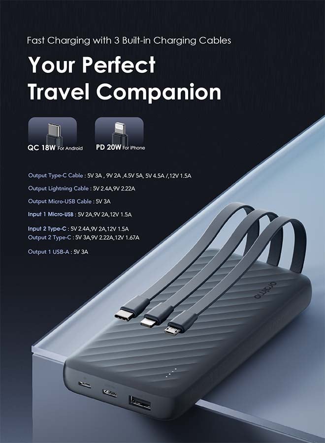 أورايمو باور بانك Slice Link Pro بقدرة 22.5 وات، شحن فائق السرعة، 3 كابلات شحن مدمجة، توافق عالمي، حماية متعددة الطبقات - Image 2