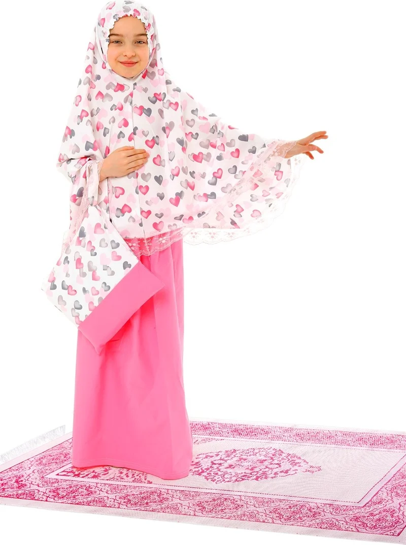 Elanesa  Girl Child Prayer Dress Cotton 4-Piece Set Pink Printed