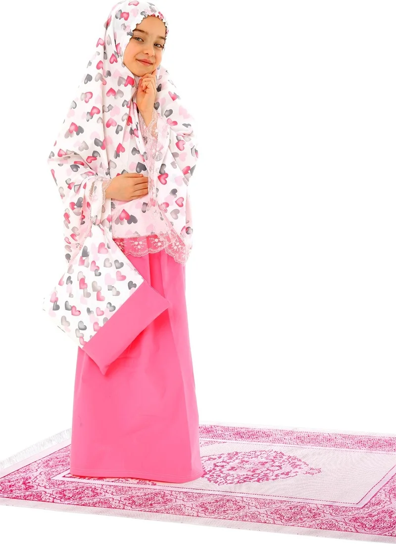 Elanesa  Girl Child Prayer Dress Cotton 4-Piece Set Pink Printed