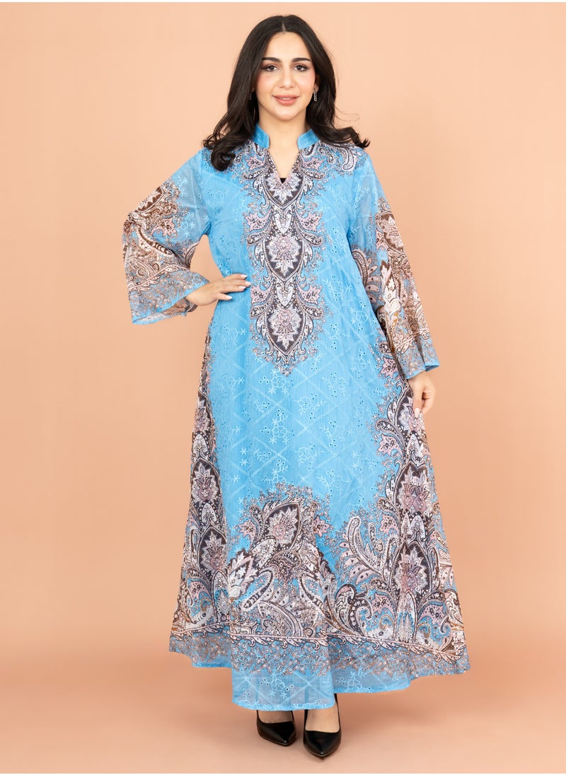 IKKXA Floral Pattern Printed Embroidered Jalabiya IK4011 Blue  - Image 1