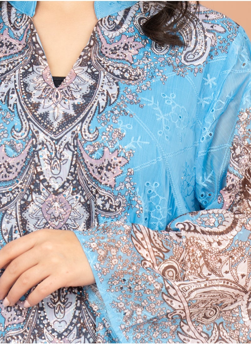 IKKXA Floral Pattern Printed Embroidered Jalabiya IK4011 Blue  - Image 2
