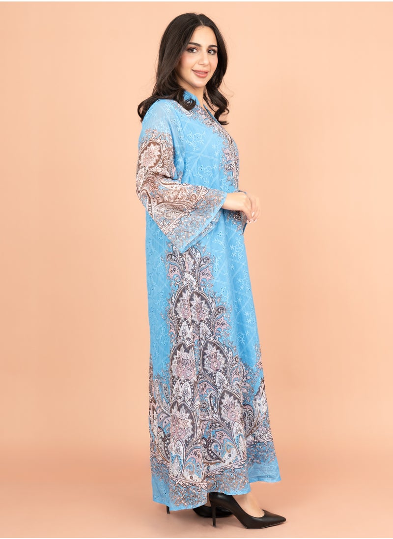 IKKXA Floral Pattern Printed Embroidered Jalabiya IK4011 Blue  - Image 3