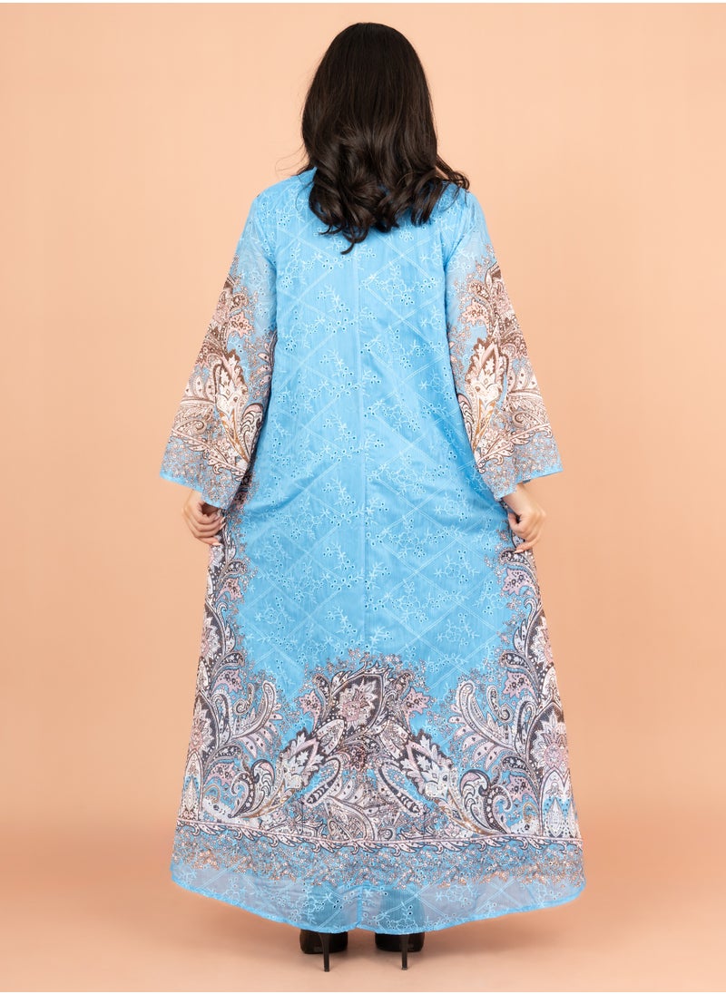 IKKXA Floral Pattern Printed Embroidered Jalabiya IK4011 Blue  - Image 4