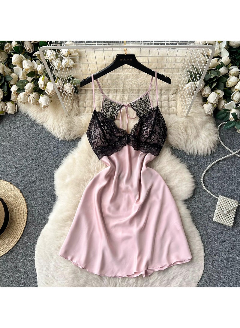 كابريشوس فستان نوم قصير من الساتان بدون أكمام مع حزام - Image 1