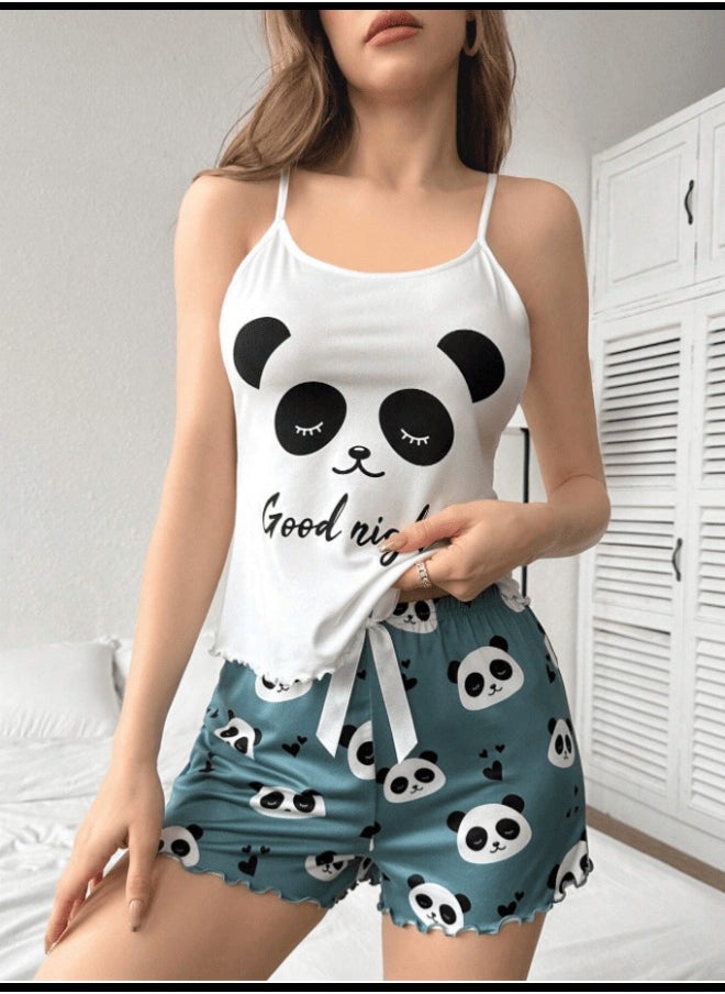 Shein Ladies' Panda & Letter Print Cami Top And Shorts Pajama Set  - Image 2