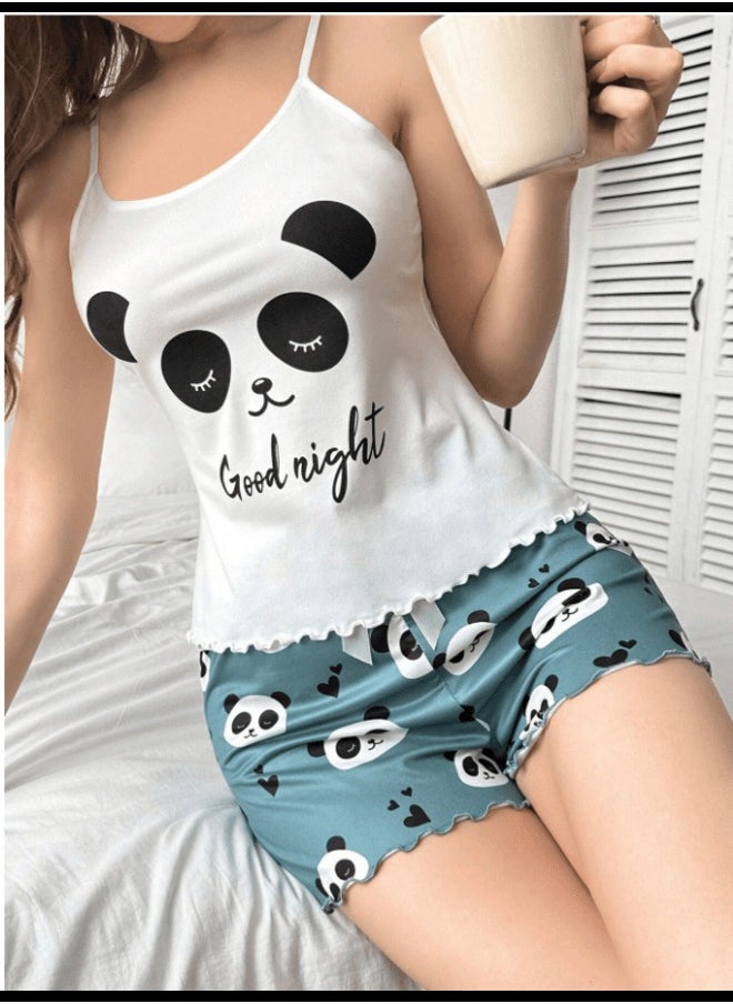 Shein Ladies' Panda & Letter Print Cami Top And Shorts Pajama Set  - Image 4