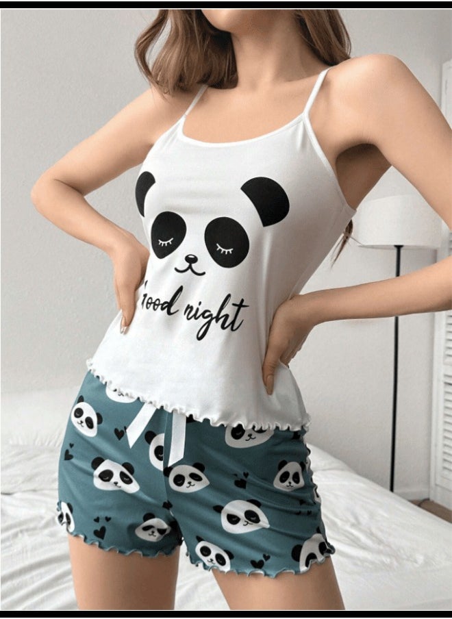 Shein Ladies' Panda & Letter Print Cami Top And Shorts Pajama Set  - Image 1