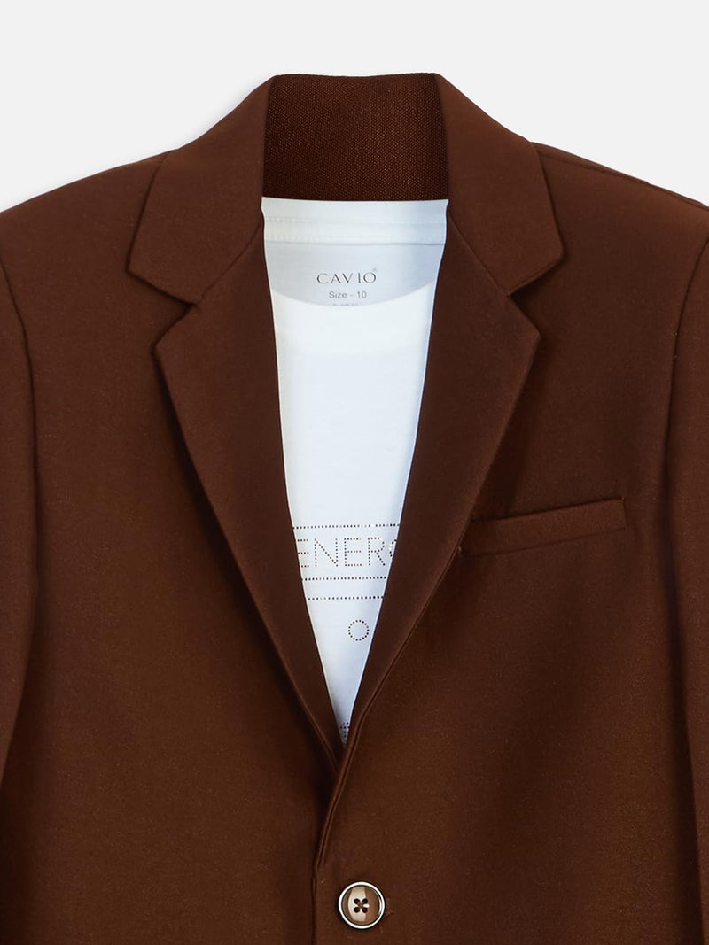 CAVIO Boys Regular Fit Solid Cotton Single Breasted Blazer and T-Shirt Brown - Image 4