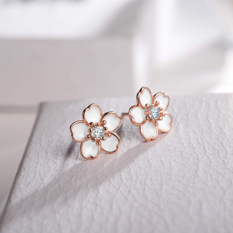 AllenCOCO 925 Sterling Silver Cherry Blossom Stud Earrings,Cute Flower Ear Studs for Women, Rose Gold Plated, Hypoallergenic Jewelry Gift (White) - Image 2
