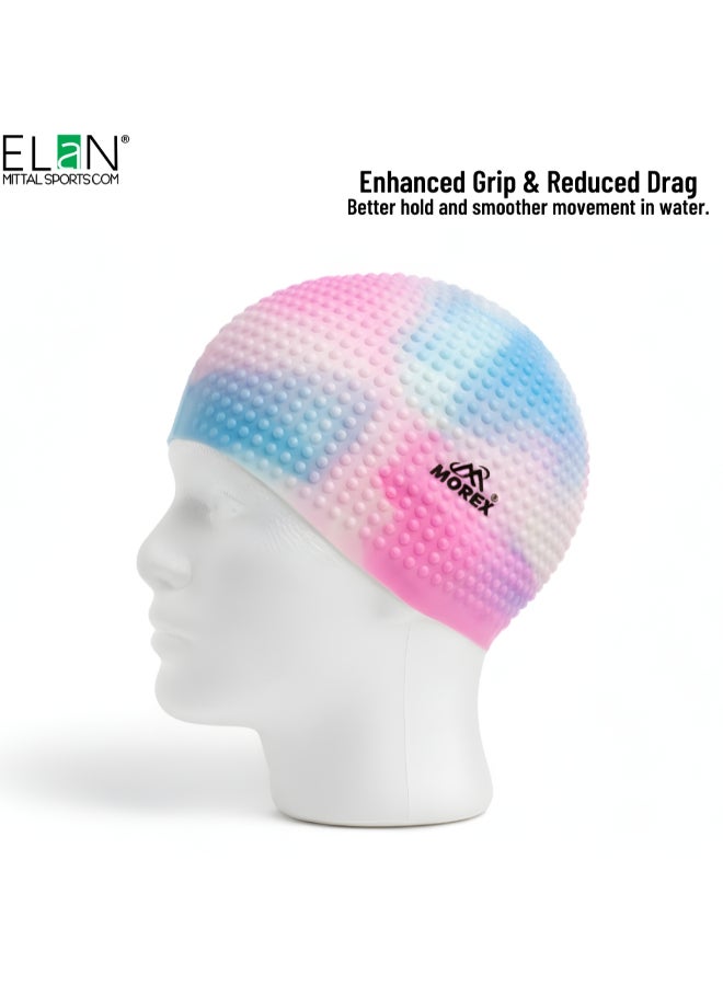 ELAN Morex Silicone Bubble Swim Cap - White & Pink Multi-Colour - Extra Roomy Comfort Fit for Long Hair, Textured Air-Bubble Design for Warmth & Hair Protection, Premium Swimming Cap - Image 1