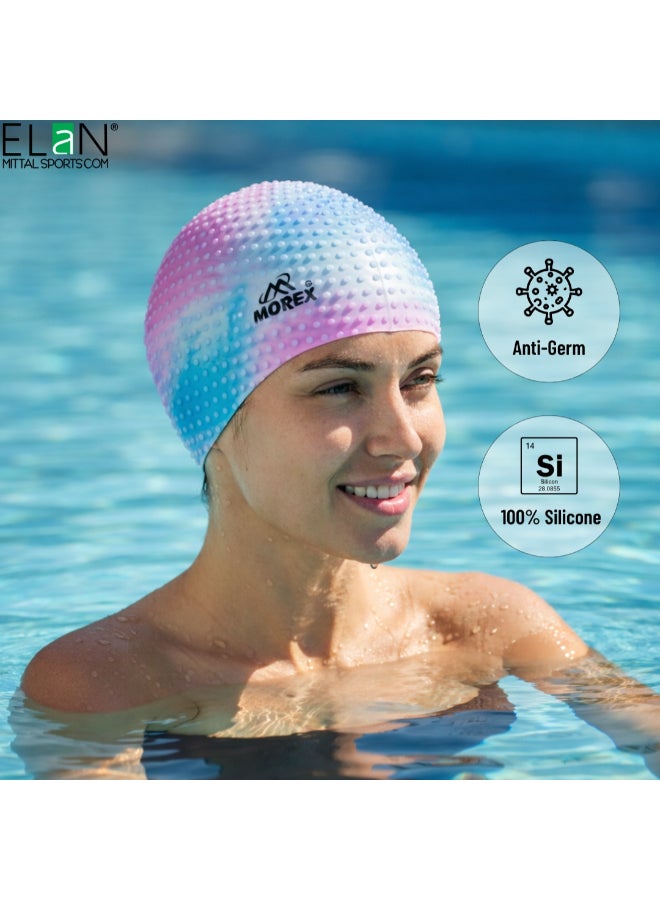 ELAN Morex Silicone Bubble Swim Cap - White & Pink Multi-Colour - Extra Roomy Comfort Fit for Long Hair, Textured Air-Bubble Design for Warmth & Hair Protection, Premium Swimming Cap - Image 4