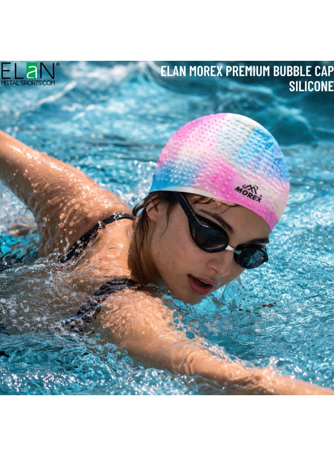 ELAN Morex Silicone Bubble Swim Cap - White & Pink Multi-Colour - Extra Roomy Comfort Fit for Long Hair, Textured Air-Bubble Design for Warmth & Hair Protection, Premium Swimming Cap - Image 3