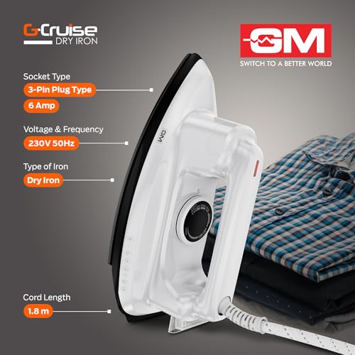 GM G-Cruise 1000 Watt Dry Iron Press with Dual Layer German Technology Non-Stick Coating | Thermostat Control to Easily Iron All Type of Clothes | 360° Swivel Cord - White - Image 4
