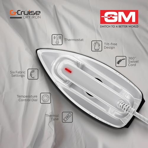 GM G-Cruise 1000 Watt Dry Iron Press with Dual Layer German Technology Non-Stick Coating | Thermostat Control to Easily Iron All Type of Clothes | 360° Swivel Cord - White - Image 3
