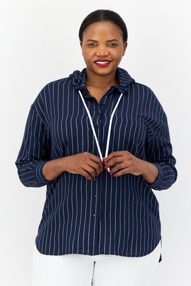 DeFacto Women Stripe Long Sleeve Hooded Blouse, Navy - Image 1