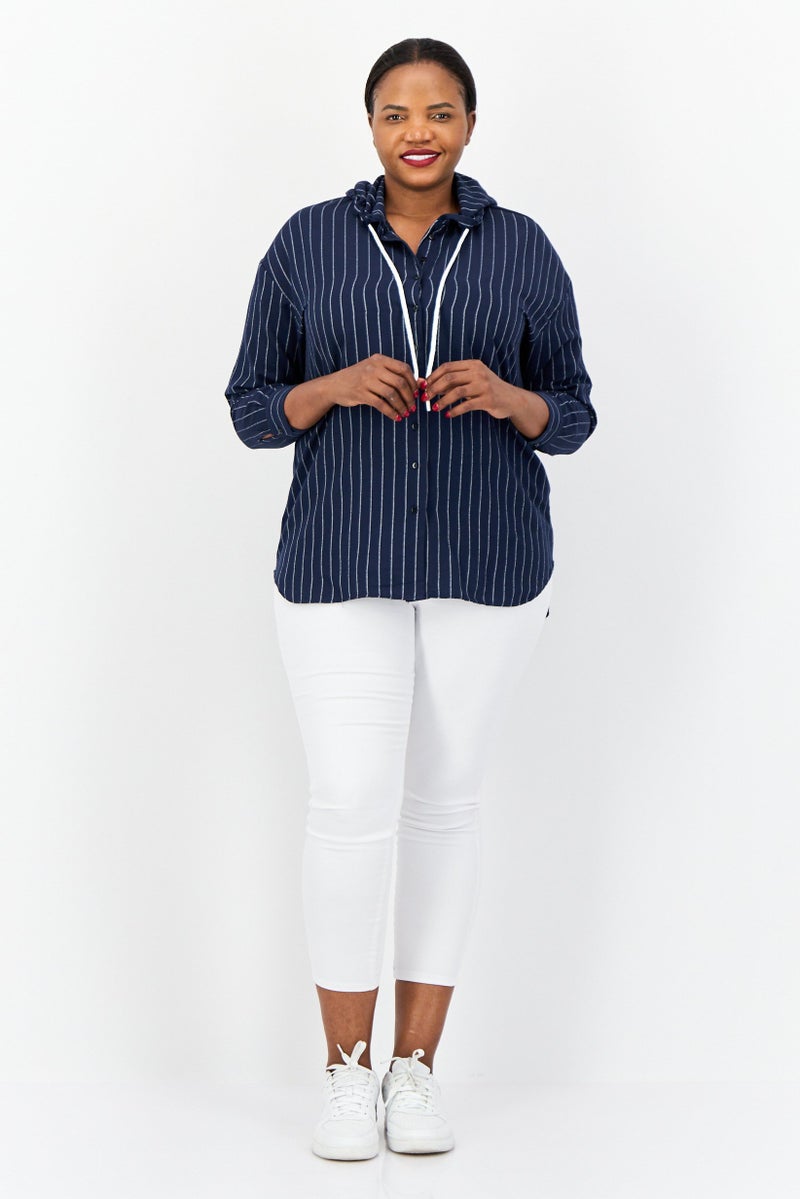 DeFacto Women Stripe Long Sleeve Hooded Blouse, Navy - Image 3