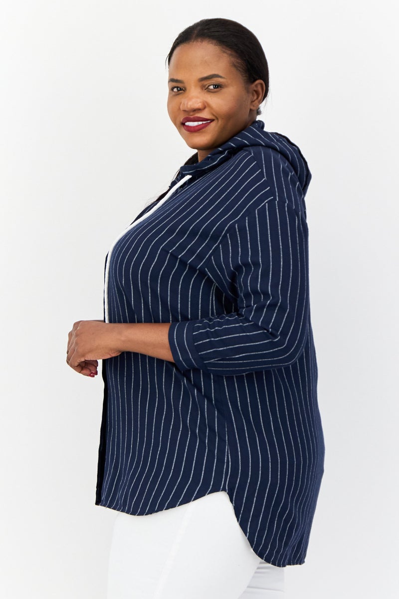 DeFacto Women Stripe Long Sleeve Hooded Blouse, Navy - Image 2