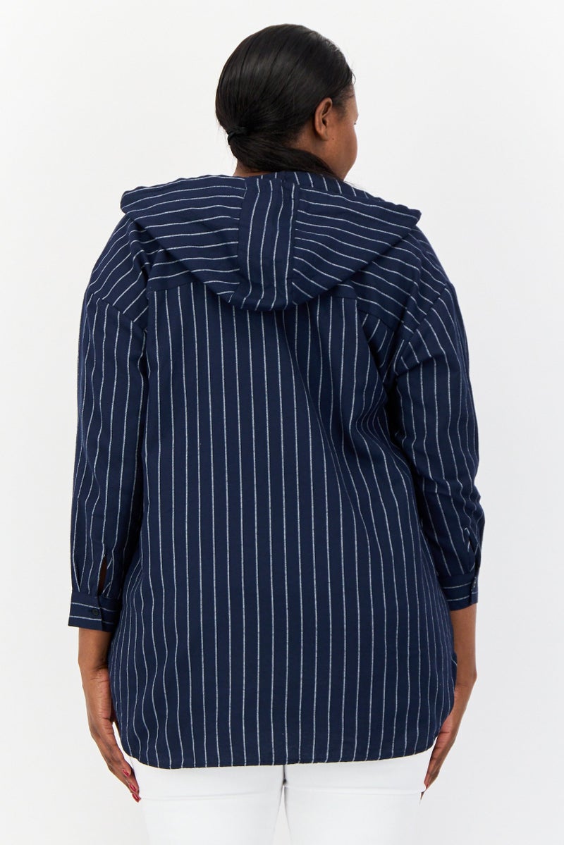 DeFacto Women Stripe Long Sleeve Hooded Blouse, Navy - Image 4