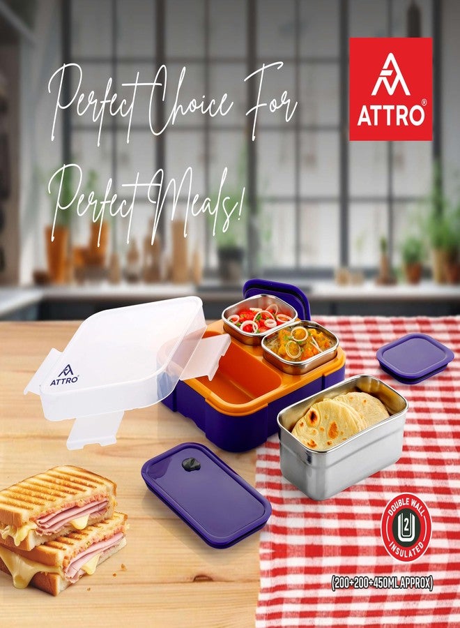 ATTRO Admire 3 Compartment Stainless Steel Lunch Box Inner Steel BPA Free, Durable & Lightweight, Easy to Carry, Compact Design Ideal for School, Office, College & Travel- Purple Bloom- 800ml - Image 2