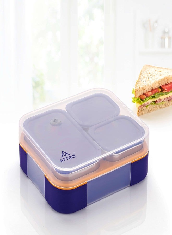 ATTRO Admire 3 Compartment Stainless Steel Lunch Box Inner Steel BPA Free, Durable & Lightweight, Easy to Carry, Compact Design Ideal for School, Office, College & Travel- Purple Bloom- 800ml - Image 1