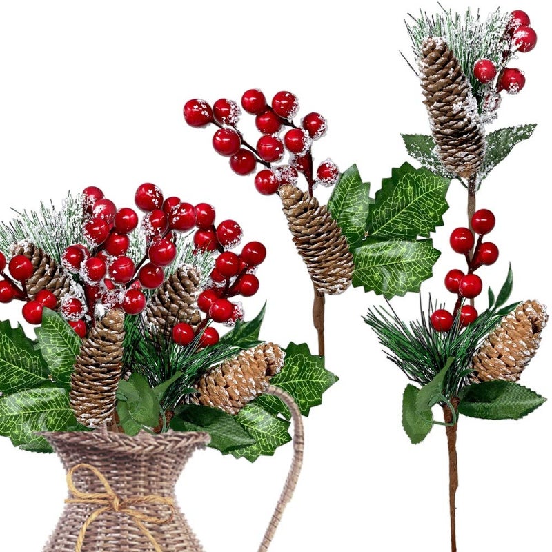 BANBERRY DESIGNS Pine Cone Picks - Red Berries - Holly - 9 Pieces - Snow Flocked Christmas Floral Decorations - Flexible Stems