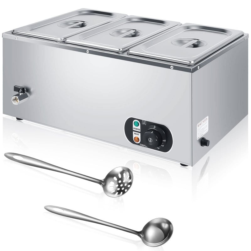 Sabary Electric Commercial Food Warmer 110V Buffet Food Warmer Stainless Steel Electric Countertop Steamer with Temperature Control Tap and Lid for Catering Restaurant Parties 3 Pan 