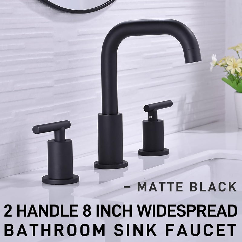 TRUSTMI 2-Handle 8 Inch Widespread Bathroom Sink Faucet, 3 Hole Brass Bathroom Faucet with cUPC Water Supply Lines and Pop Up Drain Assembly, Matte Black - Image 2
