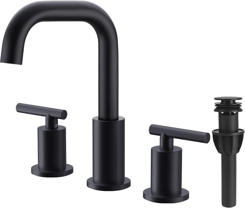 TRUSTMI 2-Handle 8 Inch Widespread Bathroom Sink Faucet, 3 Hole Brass Bathroom Faucet with cUPC Water Supply Lines and Pop Up Drain Assembly, Matte Black - Image 1