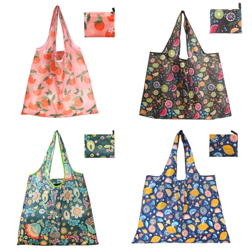 DXMWWTP 4 Pack Foldable Reusable Shopping Bags,Tote Bags,Travel Grocery Bags with Hook in Pocket for Daily Shopping Supplies load - Image 1