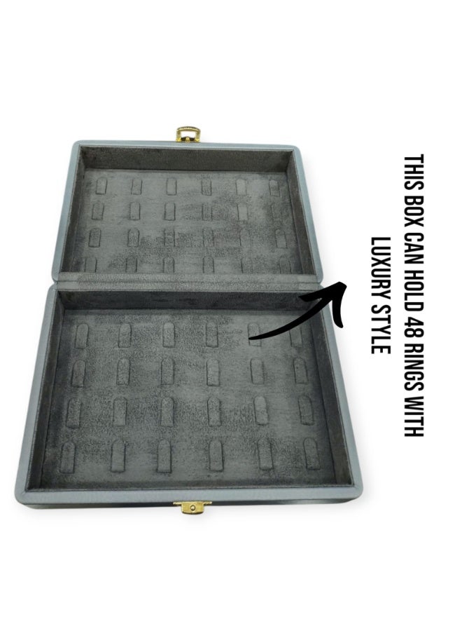 Jewellery Organizer Box for 48 Rings – Premium Light Grey Soft Leather with Suede Interior, Lockable Luxury Ring Display Case for Elegant Storage & Gifting – 22.3 × 15.3 × 8.3 cm - Image 4