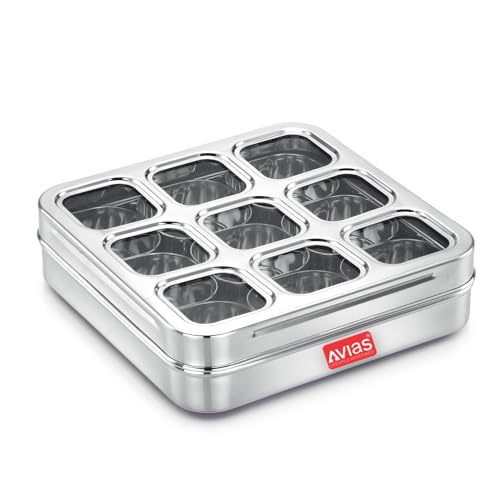 AVIAS 9 Square Stainless Steel Masala Box for Kitchen, Spice Box with See-Through Lid, 9 Containers Masala Dani/Dabba, Dry Fruit Organiser, Food Grade Rust-Free Steel, Design Medium 23cm, Silver - Image 1
