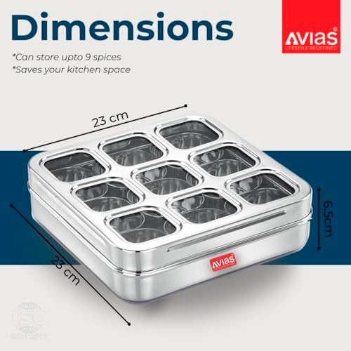 AVIAS 9 Square Stainless Steel Masala Box for Kitchen, Spice Box with See-Through Lid, 9 Containers Masala Dani/Dabba, Dry Fruit Organiser, Food Grade Rust-Free Steel, Design Medium 23cm, Silver - Image 5