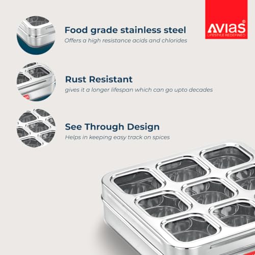 AVIAS 9 Square Stainless Steel Masala Box for Kitchen, Spice Box with See-Through Lid, 9 Containers Masala Dani/Dabba, Dry Fruit Organiser, Food Grade Rust-Free Steel, Design Medium 23cm, Silver - Image 2