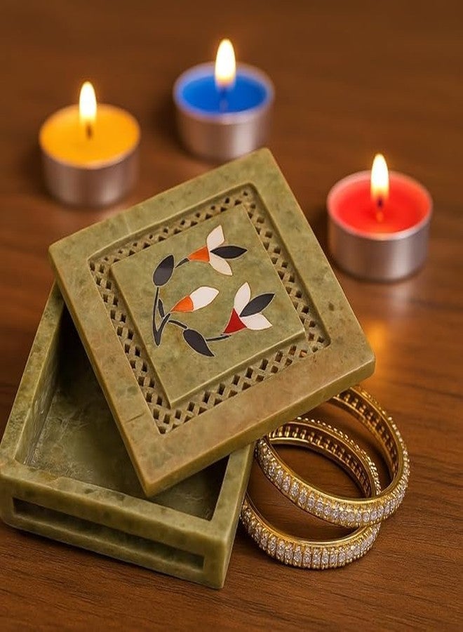SANDSTERS VR SOURCING Handcrafted Square Marble Box with Inlay and Jali Work – Floral Design Jewelry/Storage Box – Decorative gift item - Image 1