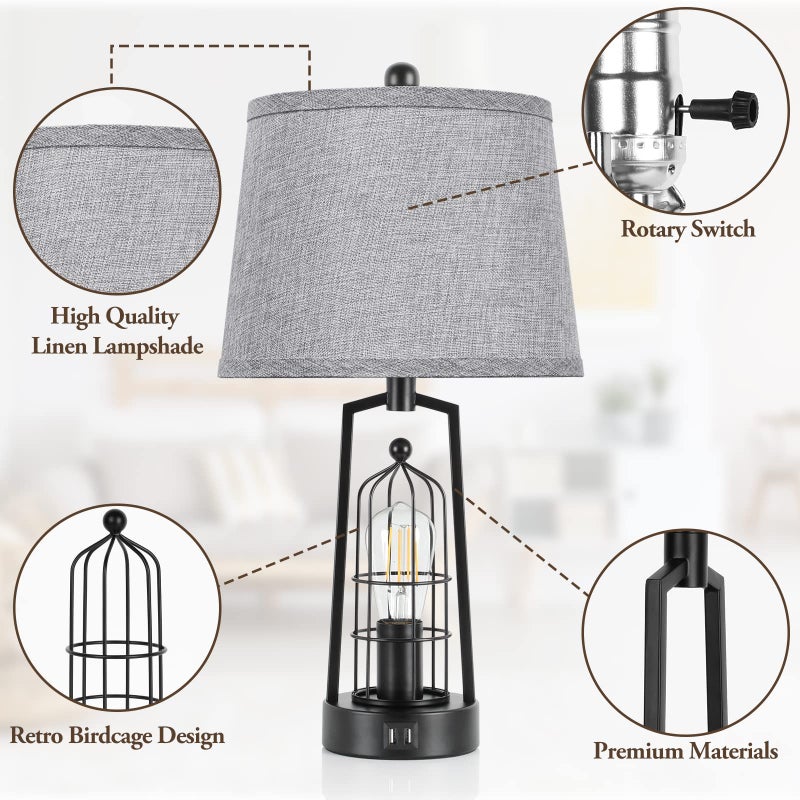 Brightever Farmhouse Table Lamps with 2 USB Ports, Set of 2 Rustic Industrial Desk Lamp for Living Room, 2-Light Black Bedside Lamp, Bedroom Nightstand Lamp with Gray Lampshade for House Decor, Reading - Image 3