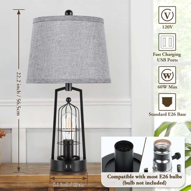 Brightever Farmhouse Table Lamps with 2 USB Ports, Set of 2 Rustic Industrial Desk Lamp for Living Room, 2-Light Black Bedside Lamp, Bedroom Nightstand Lamp with Gray Lampshade for House Decor, Reading - Image 2