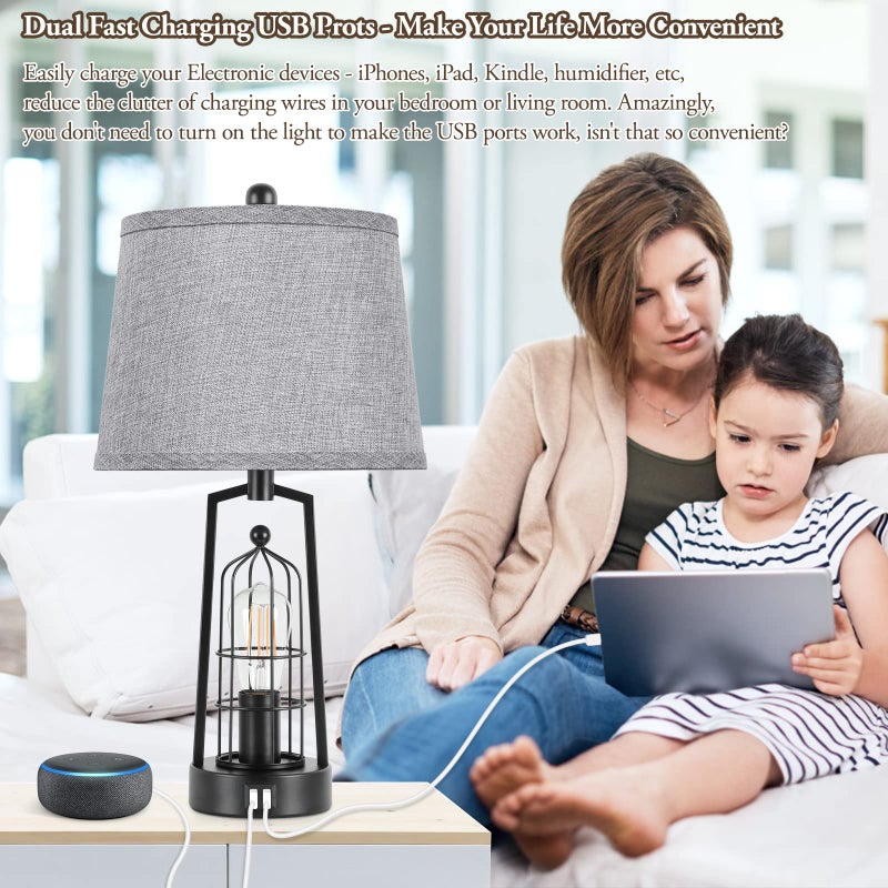 Brightever Farmhouse Table Lamps with 2 USB Ports, Set of 2 Rustic Industrial Desk Lamp for Living Room, 2-Light Black Bedside Lamp, Bedroom Nightstand Lamp with Gray Lampshade for House Decor, Reading - Image 5