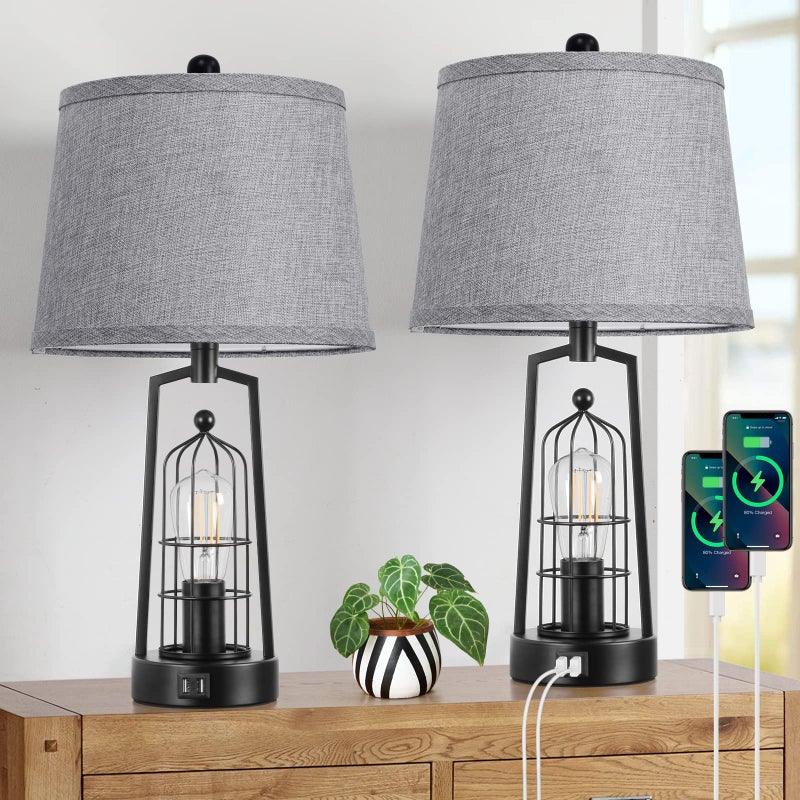 Brightever Farmhouse Table Lamps with 2 USB Ports, Set of 2 Rustic Industrial Desk Lamp for Living Room, 2-Light Black Bedside Lamp, Bedroom Nightstand Lamp with Gray Lampshade for House Decor, Reading - Image 1