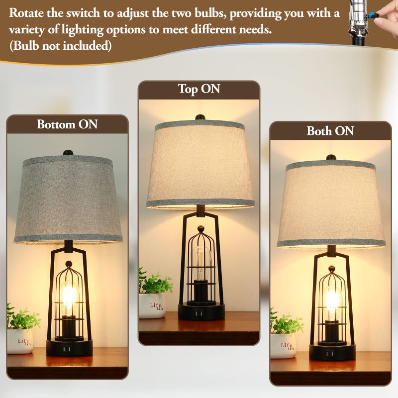 Brightever Farmhouse Table Lamps with 2 USB Ports, Set of 2 Rustic Industrial Desk Lamp for Living Room, 2-Light Black Bedside Lamp, Bedroom Nightstand Lamp with Gray Lampshade for House Decor, Reading - Image 4