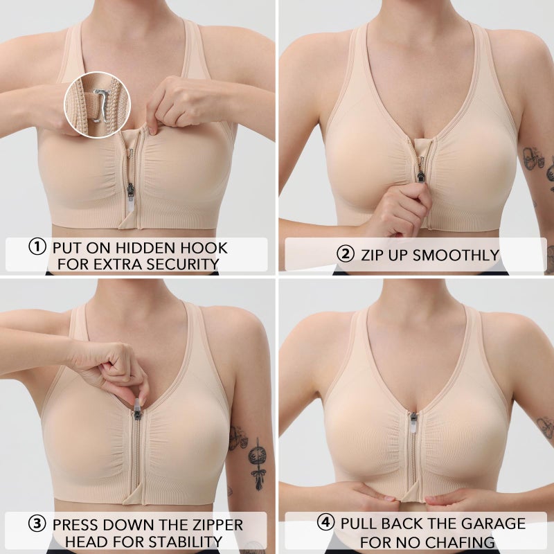 Evercute Women's Zip Front Sports Bras Wireless Padded Racerback Medium Support Post-Surgery Bra Yoga Exercise Athletic Bras - Image 3