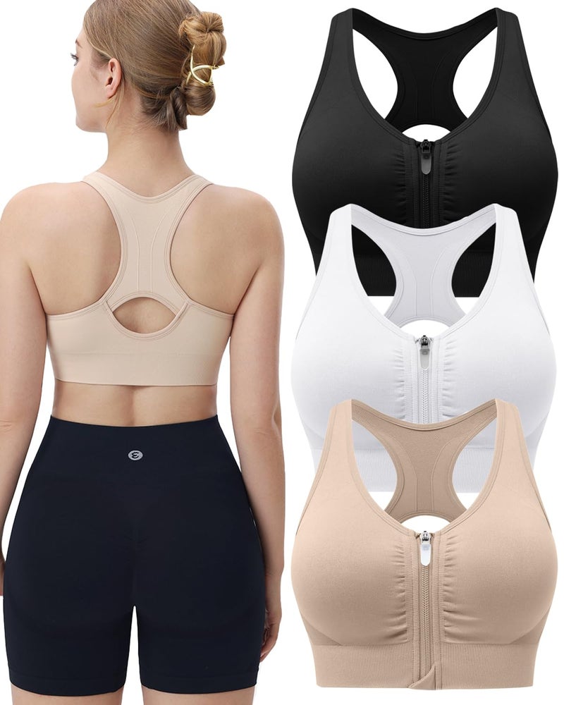 Evercute Women's Zip Front Sports Bras Wireless Padded Racerback Medium Support Post-Surgery Bra Yoga Exercise Athletic Bras - Image 1