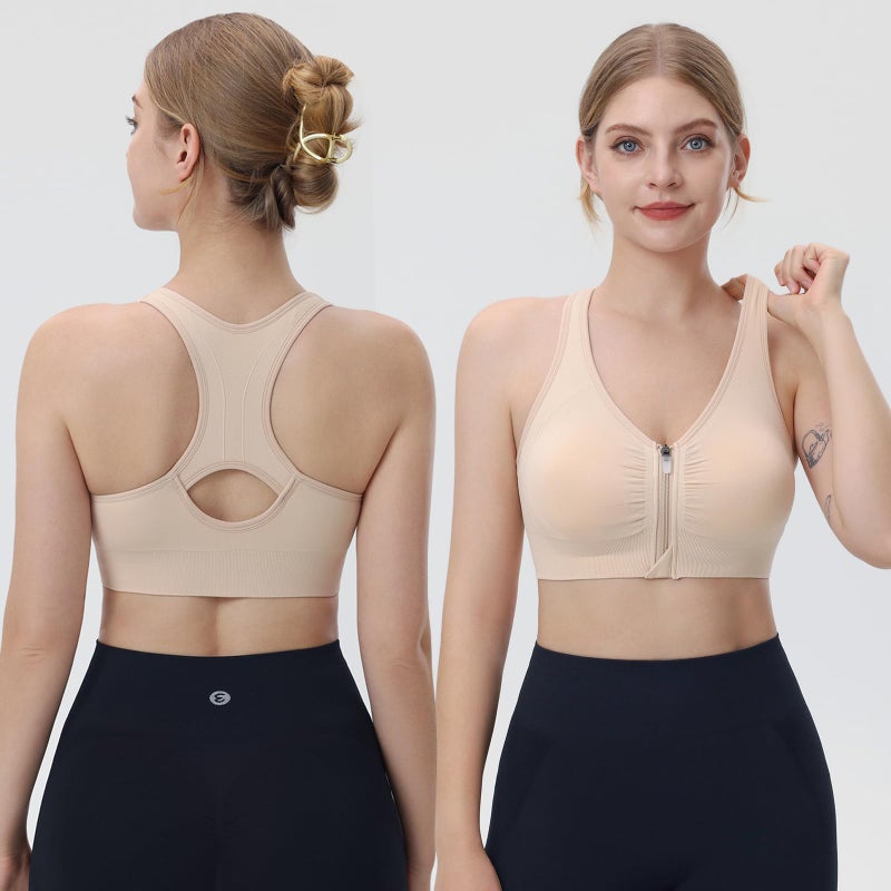 Evercute Women's Zip Front Sports Bras Wireless Padded Racerback Medium Support Post-Surgery Bra Yoga Exercise Athletic Bras - Image 2